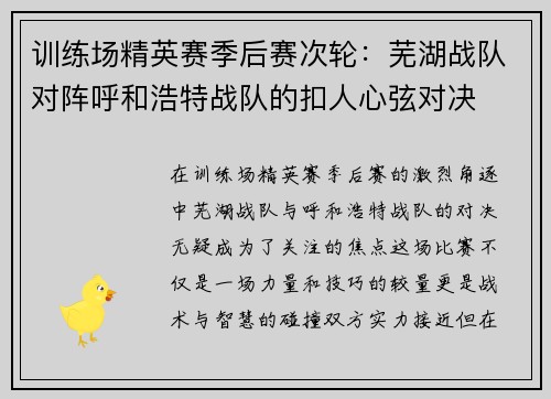 训练场精英赛季后赛次轮：芜湖战队对阵呼和浩特战队的扣人心弦对决