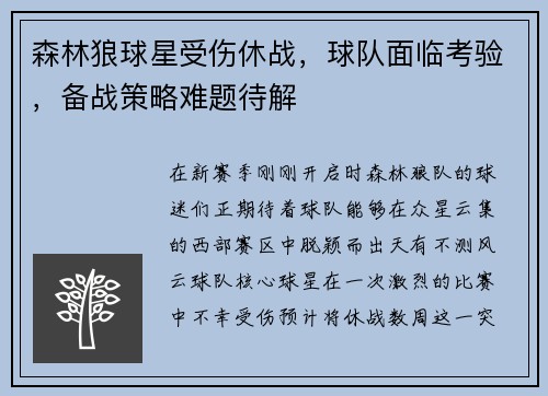 森林狼球星受伤休战，球队面临考验，备战策略难题待解
